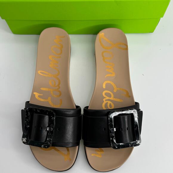 NEW Sam Edelman Platform Buckle Slides Sandals Size 9.5 Black Leather Flats - Picture 2 of 8
